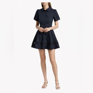 Tanya Taylor Corinne Midnight Blue Crochet Trim Mini Shirtdress Size 6